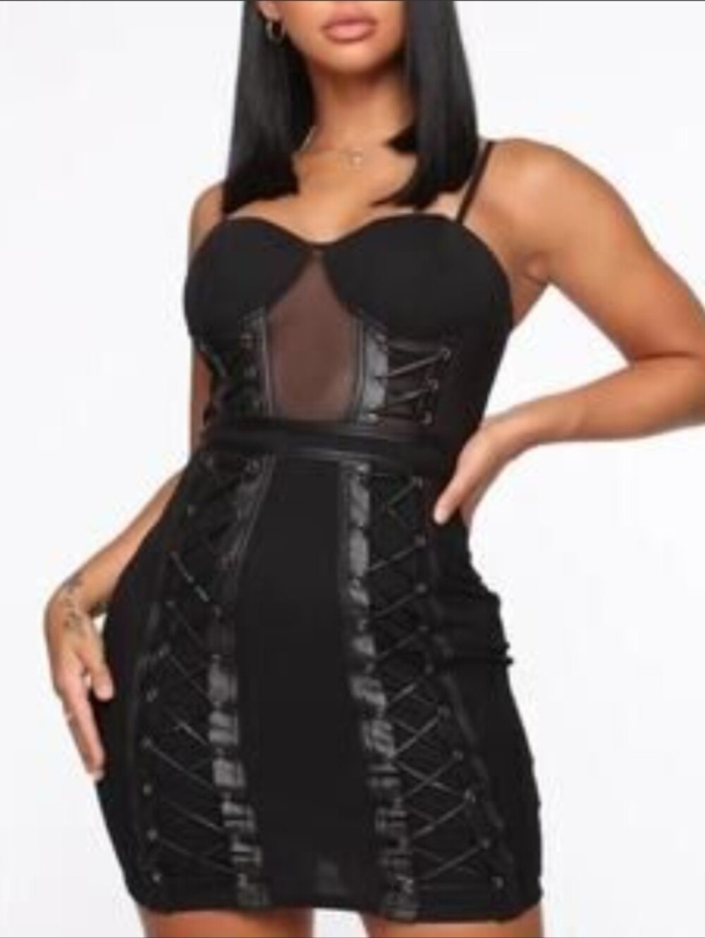 Fashion Nova Black Lace-Up Mesh Bodycon Mini Dress Size XL